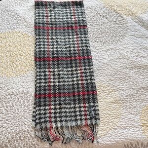 Steve Madden Made in Italy Plaid Fringe Scarf in Black, White, and Red 62x11.